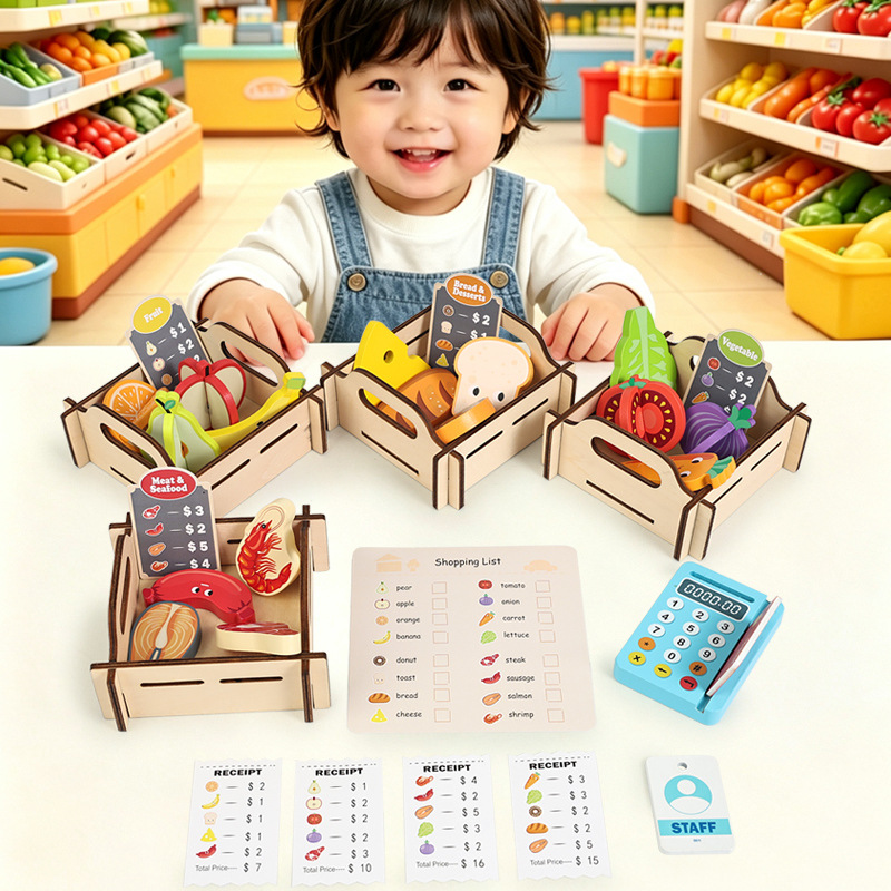 Wooden Supermarket Pretend Pla - Toy Cash Register 评论和价格