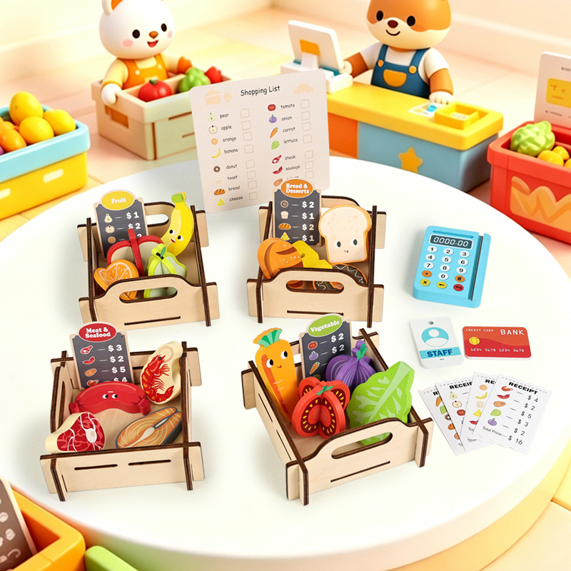 Wooden Supermarket Pretend Pla - Toy Cash Register 评论和价格